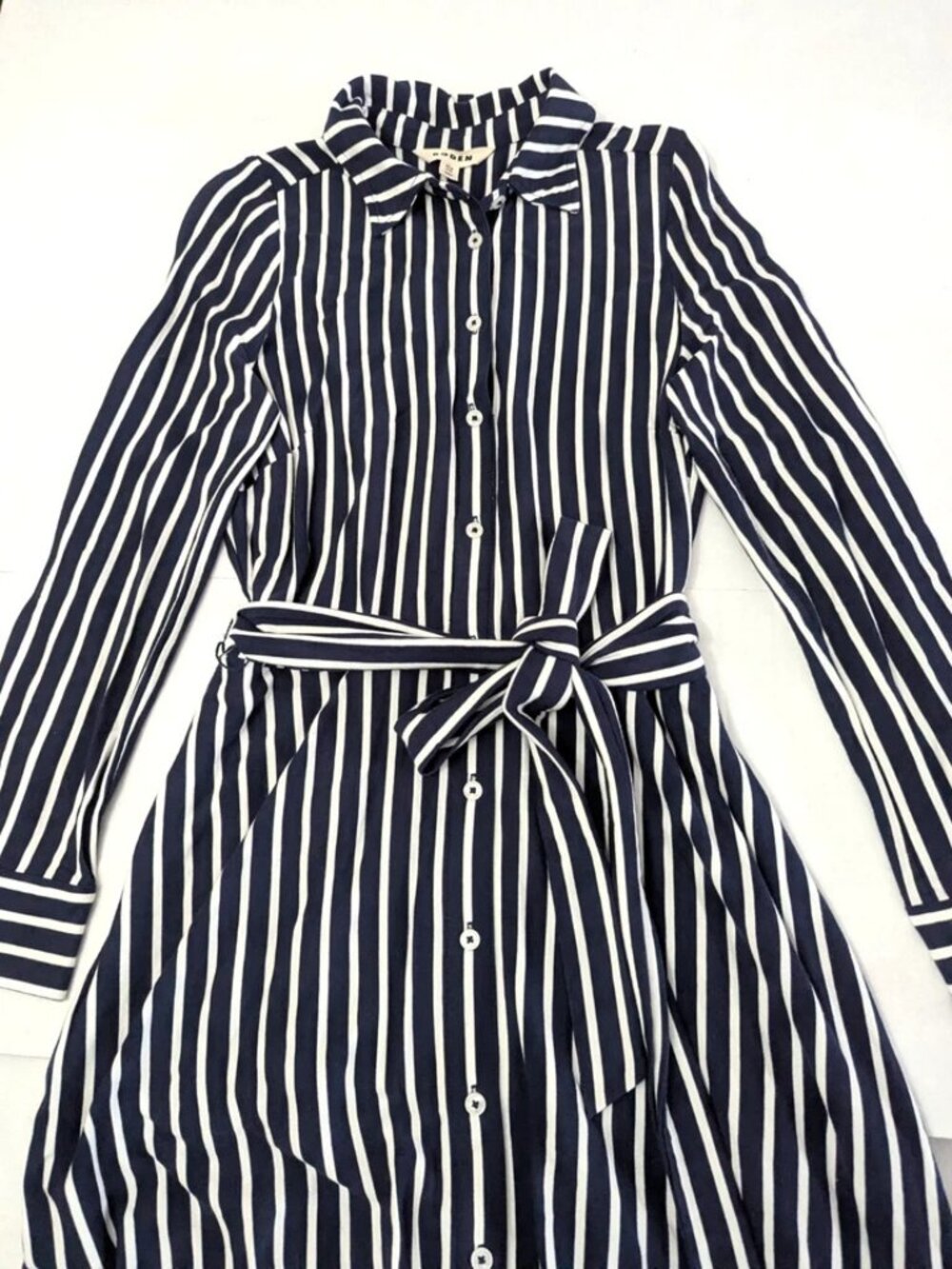 BODEN Marcia Stripe Midi Shirt Dress Navy White Button Up Long Sleeve 8R NWOT - Picture 4 of 14